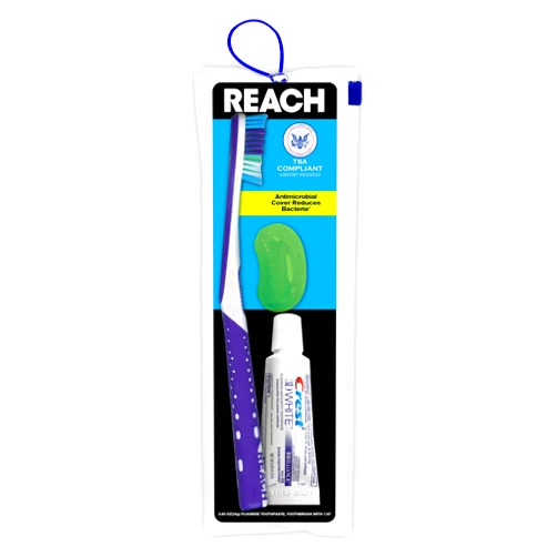 Reach Ultraclean Travel Kit Toothbrush with Toothbrush Cap and Toothpaste, Multi-Angled, Soft Bristles, TSA-Airport Friendly, Resealable, Portable and Reusable Bag