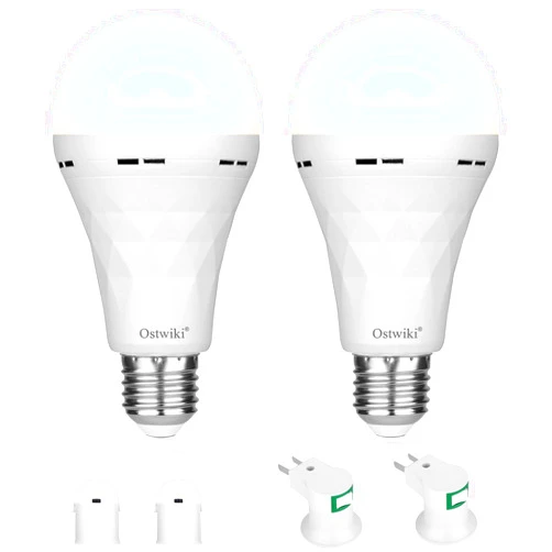 Ostwiki 2 Pack Rechargeable Emergency Light Bulbs,Battery Operated Light Bulb for Power Outage Hurricane Camping 9W E27 3000K Warm 1200mAh Battery Backup Soft Light Bulbs for Lamps,Battery Led Bulb