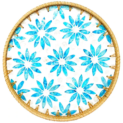 ChumDecor Round Rattan Serving Tray with Mother of Pearl Inlay, Coffee Table Tray Decor, Elegant Woven Basket Tray, Round Wicker Tray, Decorative Gifts for Occasion (11.8 inches, Blue Flower)