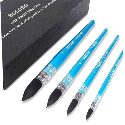 BOSOBO Paint Brushes Set, 4 Pcs Professional Mop Paintbrushes Round Artist Brushes for Watercolor Acrylic Oil Gouache Ink Painting, Makeup Face Body Art, Canvas, Model & Crafts, Adults Art Supplies
