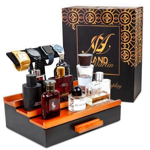 GrandMartin Wooden Cologne Organizer for Men - 3-Tier Cologne Shelf for Men with Attachable Watch Display Holder & Fleece-Lined Storage Drawer - Wood Non-Slip Perfume Fragrance Stand with Hidden Compartment