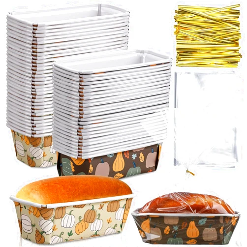 Hushee 50 Sets Fall Paper Loaf Pan 6.3 x 2.2 x 2.2 Inch Disposable Cake Pan Liners with Clear Plastic Bags and Ties Rectangle Paper Baking Mold for Thanksgiving Autumn Bread Cake Bakery(Pumpkin)