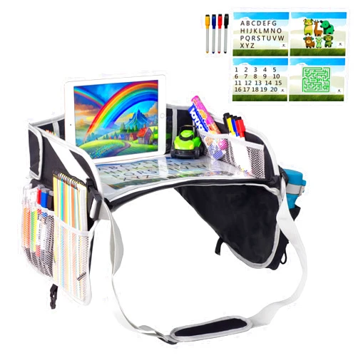 KARLCHUCK Kids Travel Tray Car Seat - Lap Desk for Toddler Road Trips Airplane Activity Table with Pockets Tablet Holder Essential Accessories