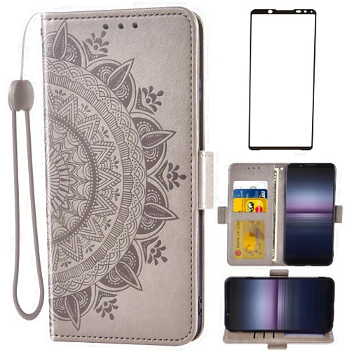 Asuwish Compatible with Sony Xperia 1 II/Experia 1II 5G Wallet Case Tempered Glass Screen Protector Card Holder Flip Wrist Strap Cell Phone Cover for Experia1ii XQ-AT52 XQ-AT51 XQ-AT42 Men Grey