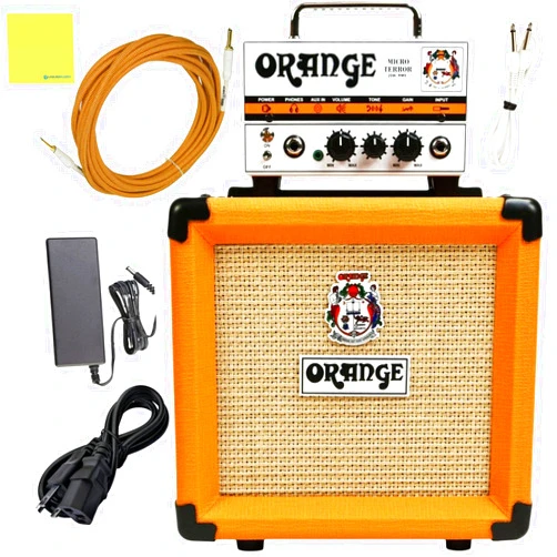 Liquid Audio Orange PPC108 1x8” Closed-Back Speaker Cabinet Bundle with Orange MT20 Micro Terror Amp Head, Orange Woven Guitar Cable, Speaker Cable and Liquid Audio Polishing Cloth (5 Items)