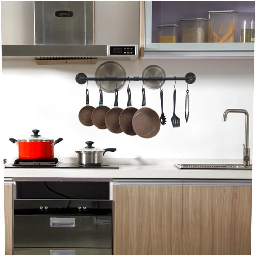 YSGSMOM 31 Inch Wall Mounted Pot Rack, Industrial Utensils Wall Hanger Iron Pipe Kitchen Hanging Rail with 8 S Hooks for Hanging Pans, Utensils, Cookware