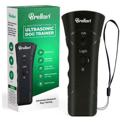 Brellavi Ultrasonic Clicker Dog Trainer: Anti-Bark Dog Training Equipment and Barking Control Device - Electronic Clicker Trainer for Walking Jogging and Aggressive Behavior - Handheld and Portable (Black)