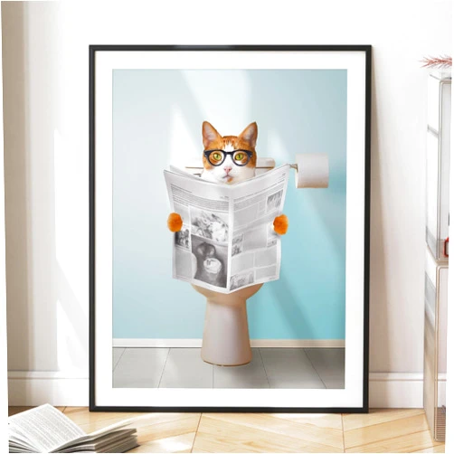 Hazzzey Custom Pet Portrait Wall Art, Personalized Cute Pet On Toilet Reading Newspaper Canvas Prints, Funny Colorful Animal Bathroom Wall Decor, Animal Gift