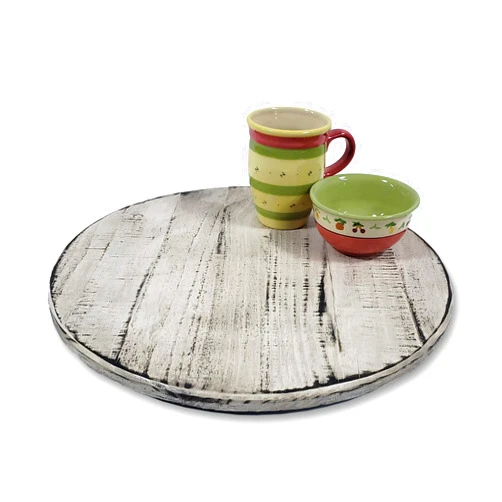 ASPauljoy Custom Woodworking Distressed Wooden Lazy Susan Turntable with Spinner Base. Antiqued White Painted Finish. Various Sizes available