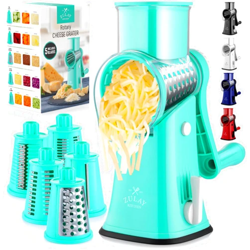 Zulay Kitchen Zulay Rotary Cheese Grater 5 Blade Cheese Shredder - Manual Hand Crank Cheese Grater With Reinforced Suction & 5 Interchangeable Drums - Easy to Use Vegetable Chopper - Calm Teal