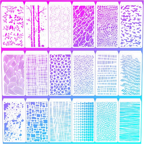 EYUNSTAR Mixed Media Texture Stencils, 18 Pcs Abstract Stencils Crackle Marble Splatter Grain Bubble Background Tree Leaf Patterns for Airbrush Painting Card Making, Layering Templates for DIY Crafts Paper