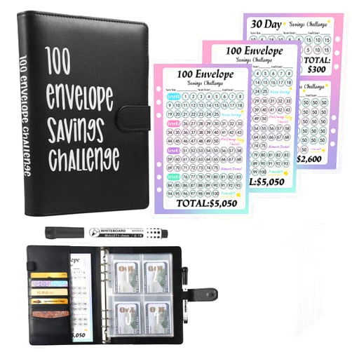 VZZNN 100 Envelopes Money Saving Challenge,A5 Budget Binder with 100 Cash Envelopes & 3 Tracker & Signature Pen,Savings Challenges Book to Save $5,050,10,000,500 in Fun & Motivating Way(Black)