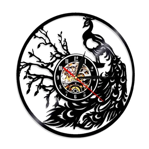 Generic Proud Bird Peacock with Feather Out Wall Art Modern Wall Clock Whimsical Vinyl Record Wall Clock Retro Decorative Wall Watch Without LED