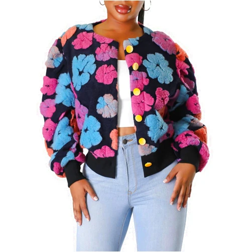 Alunzoem Wool Coats for Women Flower Bomber Jacket Long Sleeve Button Down Fashion Sweater Jackets Outerwear