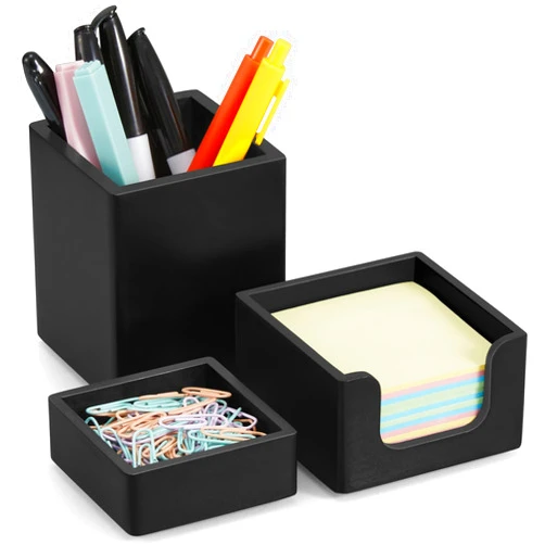 CMLKLZD Black Desk Organizer Set of 3 - Wood Office Desk Accessories - Desk Organizers and Accessories for Women Men - Set incl. Pencil Pen Holder, Paperclip Storage and Sticky Note Holder