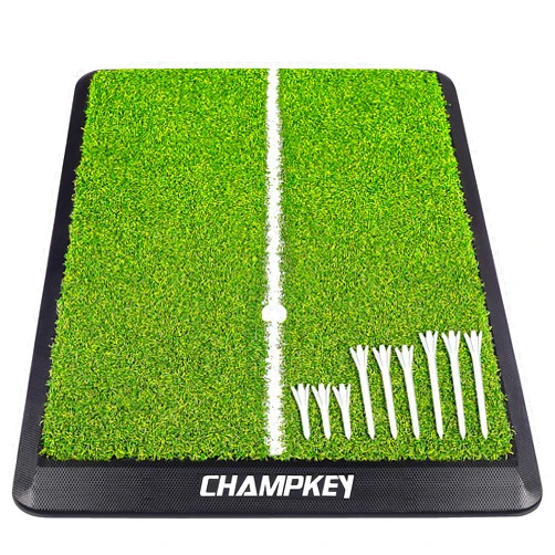 CHAMPKEY Premium Heavy-Duty Rubber Backing Golf Hitting Mat - Professional Alignment Practice Golf Mat Come with 1 Rubber Tee Holder and 9 Plastic Tees