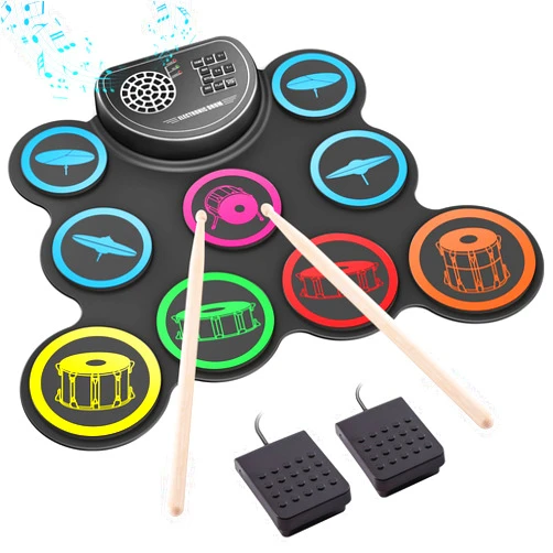 Sboet Electronic Drum Set, 9-Drum Practice Pad with Headphone Jack, Roll-up Drum Kit Machine with Built-in Speaker Drum Pedals and Sticks 10 Hours Playtime, Great Christmas Holiday Gifts for Kids
