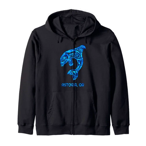 Astoria Oregon Native American Indian Orca Whale Blue Astoria Oregon Native American Indian Ocean Orca Whale Zip Hoodie