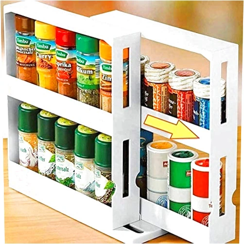 Veizn Spice Rack Seasoning Storage Holder, Two 2-Tiered Shelves, Seasoning Spice Jar Rack Rotating Cabinet Shelf Double Kitchen Organizer Swivel Spice Rack For Spice Bottles