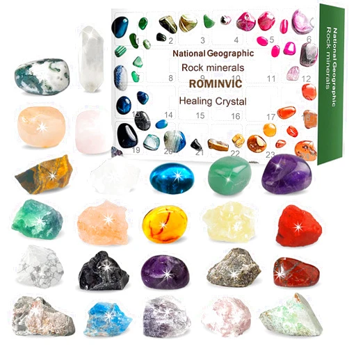 ROMINVIC Crystal Advent Calendar 2023,Christmas Countdown Calendar-24 Days Ore,Minerals, Gemstones&Crystal,Advent Calendar with 24 Gemstones to Open Each Day for Kids Adult