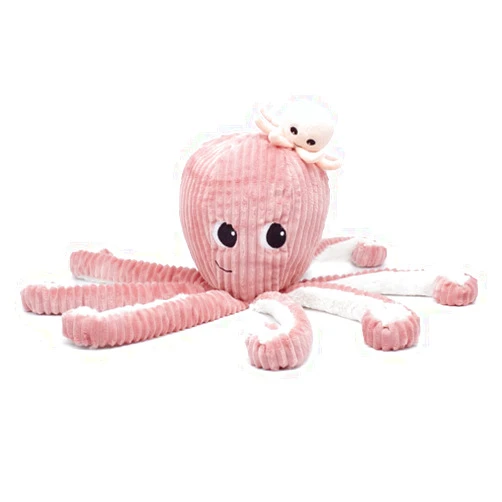 LES DÉGLINGOS Les Ptipotos - Filou The Octopus Mother and Her Baby Corduroy Plush Toy - Soft Stuffed Animal - Cuddly Marine Life Toy for Kids Nursery Décor - Pink