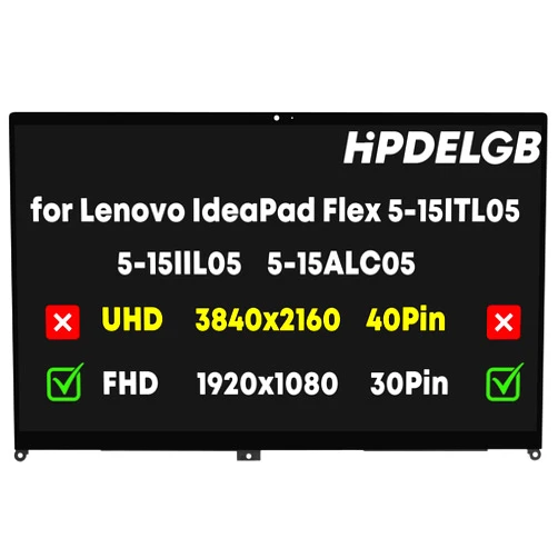 HPDELGB Screen Replacement for Lenovo IdeaPad Flex 5-15ITL05 5-15IIL05 5-15ALC05 Series 81X3 82HT 81X30 5D10S39643 5D10T77944 LCD Touch Screen Digitizer Assembly Bezel with Board FHD 1920x1080-30Pin
