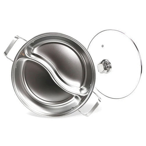 CHRYSLIN Stainless Steel Pot with Divider,Weldless Hot Pot,Two-Flavor Soup Pot Shabu Shabu Pot,Induction Cookware with Toughened Glass Lid,12 inch,4.6-Quart,Silver