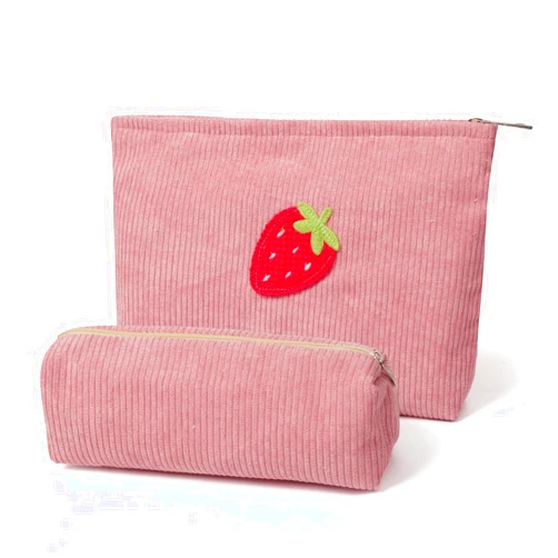 FASHLANLIKA Cosmetic Bags Cute Strawberry Patch Corduroy Makeup Bag Set Large Travel Toiletry Cosmetic Pouch Bags with Zipper for Women Teen Girls (Pink)