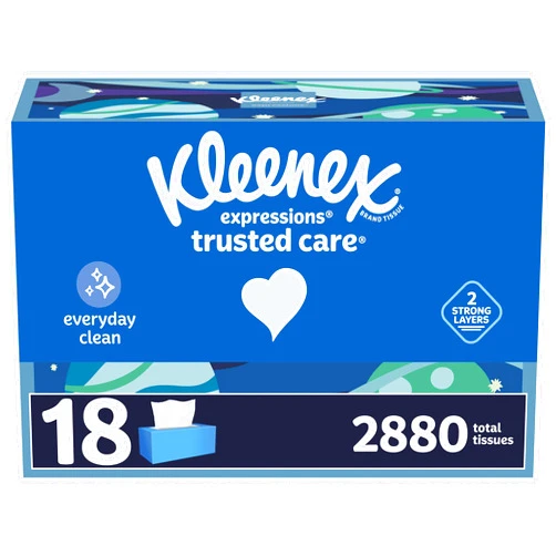 Kleenex Expressions Trusted Care Facial Tissues, 18 Flat Boxes, 160 Tissues per Box, 2-Ply (2,880 Total Tissues), Packaging May Vary