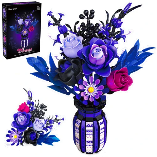 Mavo brix Purple Flowers Building Set with Vase for Adults, Gothic Black Roses Floral Bouquet, Compatible with Lego Botanical Collection, Cool Unique Home Office Decor Chirstmas Gift for Her, Women, Girls 14+