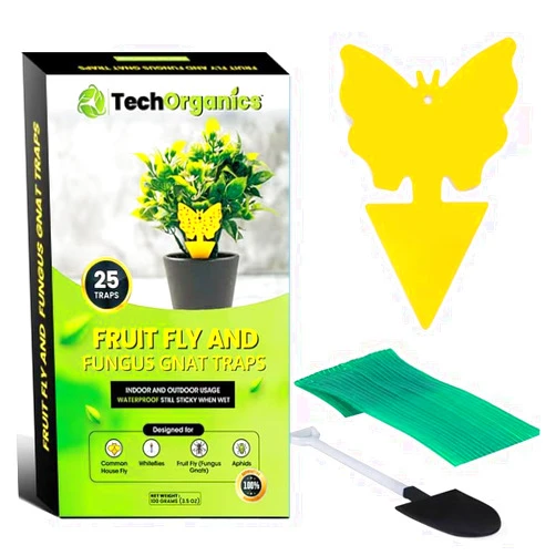 TechOrganics Premium Fruit Fly Traps | Double Sided Gnat Traps | Waterproof Yellow Sticky Traps are Great Outdoors | Also for Fungus Gnats, Aphids, Flies, Moths and Spiders | Pack of 25