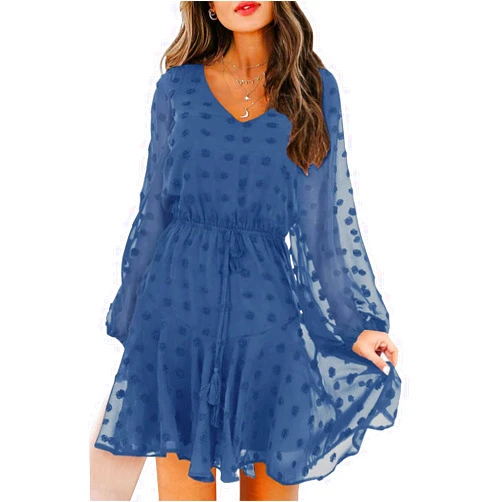 KIRUNDO Women's 2024 Spring Summer Long Sleeve V Neck Flowy Mini Dress Swiss Dot High Waist Chiffon Casual Dresses