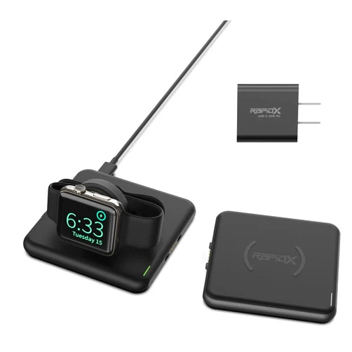 RapidX Modula5 Modular Wireless Charging System - 1 Phone Pod + 1 Watch Pod + 30W Adapter, Black (Model: RX-MP03PWA)
