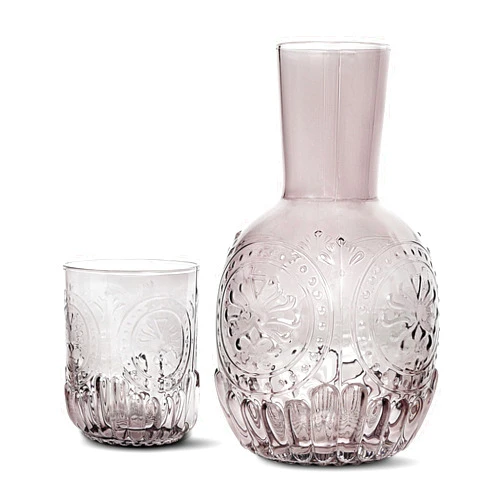 elle decor 2 Pc Carafe Set | Bedside Night Water Carafe | Glass Pitcher and Cup that Doubles as a Lid | Glass Tumbler Perfect for Storing Water, Juice, and Other Drinks on Desktop/Shelf (Gray)