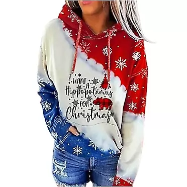Janepam Women Hoodie Xmas Christmas Tree Snowman Gnome Red Nose Reindeer Bear Graphic Loose Drawstring Hood Sweatshirt J-tree Bear Small