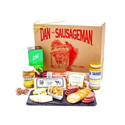 Dan the Sausageman’s Party Gift Basket Assortment Fresh Naturally Smoked Summer Sausage, Mustard and Cheese. Fullsize Portions, Gift Messaging.