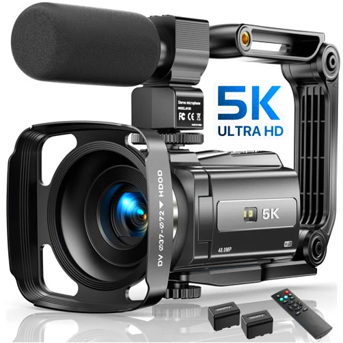 FJFJOPK 5K Video Camera Camcorder, 48MP UHD Wifi IR Night Vision Vlogging Camera for YouTube, 16X Digital Zoom Touch Screen Vlog Camera with External Microphone, Lens Hood, Stabilizer, Remote, 2 Batteries