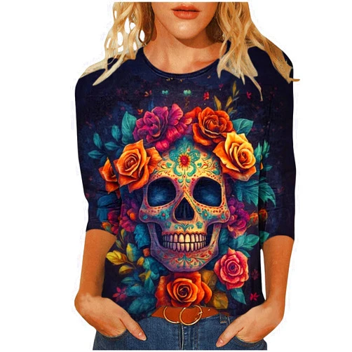 Generic Día De Los Muertos Shirts for Women 2025 Mexican Day of Dead T-Shirts Skull Skeleton Print 3/4 Sleeve Tops Sweatshirt