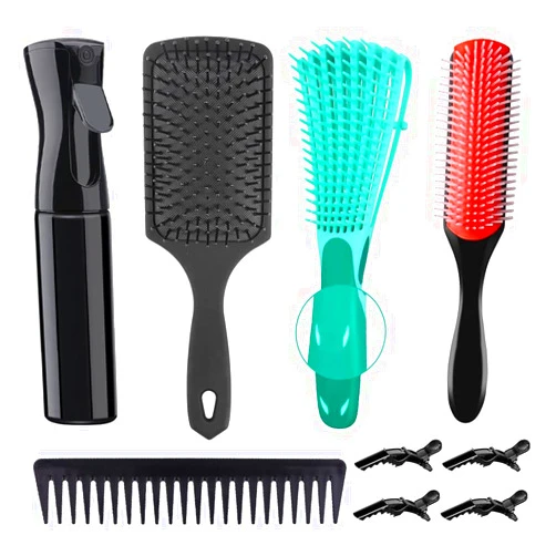 Aozzy 9 Pcs Detangling Brush Set, for Afro America/African Hair 3a to 4c Texture, with 9-Row Cushion Nylon Bristle Shampoo Brush, Detangler Hair brush, Air Cushion Comb, Wide Tooth Comb, Hair Spray Bottle