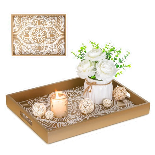 Hanobe Decorative Serving Tray with Handles - Hanobe Floral Wooden Coffee Table Trays for Ottoman Centerpiece Decor Rectangular Rustic Boho Wood for Living Room Counter, Brown