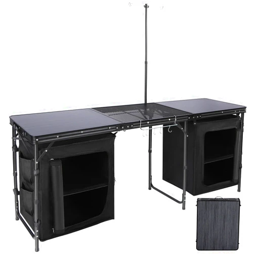 REDCAMP Extra Long Camping Kitchen Tri-fold Table with Storage Organizer, Folding Camping Cook Station Grill Table Portable for Party, Courtyard, Picnic, Black