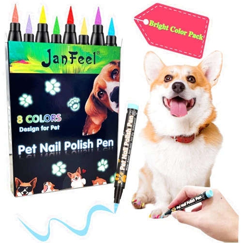 JanFeel Quick Dry Dog Nail Polish, 8 Neon Brightness Colors Dog Nail Polish Pens Non Toxic Pet Safe Soft Brush Tip Nail Polish Markers for Dog Cat Horse Pig or other Small Pets