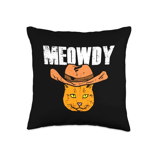 BoredKoalas Animal Decor Cat Lover Owner Gift Meowdy Cowboy Hat Texas Cat Funny Meme Meow Howdy Men Women Throw Pillow, 16x16, Multicolor