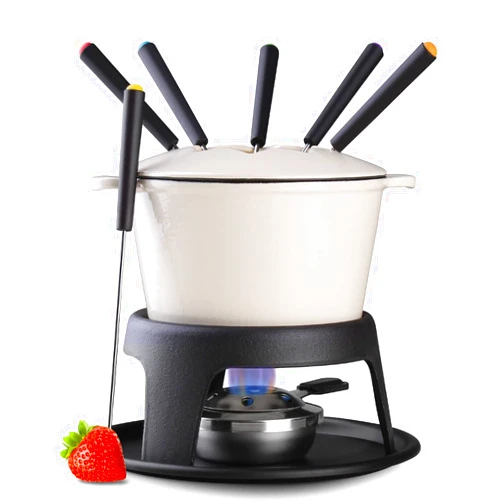 Artestia Cast Iron Fondue Pot Set for Chocolate Cheese Swiss Fondue Pot Set for Meat with 6 Fondue Forks, Cheese Camping Fondue Set Serve 6 Persons(White)