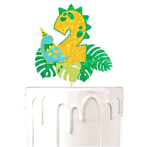 Woobobii Dinosaur 2nd Birthday Theme Cake Topper, 2nd Birthday Cake Topper Decoration for Children, Wild animals Cake Decors for Birthday Party Supplies, Gold&Green Glitter