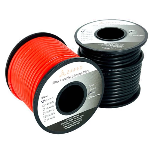 ZIGPEO 12 AWG Silicone Wire 50FT, Extra Flexible 12 Gauge Stranded Copper Wire, High Temp 392℉ 600V - RC, Automotive, Battery | Tinned Copper Conductor - 25FT Red & 25FT Black Spools