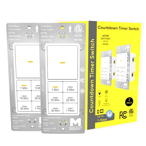 Minoston 60 Minutes Countdown Timer Switch, 1 Hour in-Wall Timer Switch 1-5-10-20-30-60Min for Bathroom Exhaust Fans, Indoor Lights, 1/2 HP, Neutral Wire Required, ETL & FCC, 2 Pack, White(MT11N)
