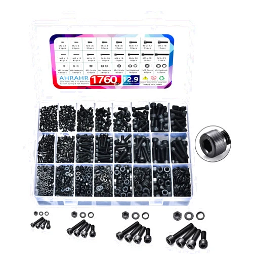 AHRAHR 1760pcs M2 M3 M4 M5 Metric Screw Assortment, Grade 12.9 Alloy Steel Hex Socket Head Cap Bolts and Nuts Kit, Black Zinc Plated and Anti Rust Screw Set with 4 pcs Hex Wrenches