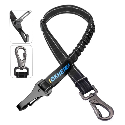 IOKHEIRA Dog Seat Belt 3-in-1 Car Harness for Dogs Adjustable Safety Seatbelt for Car Durable Nylon Reflective Bungee Fabric Tether with Clip Hook Latch & Buckle, Swivel Zinc Alloy Carabiner (Black)