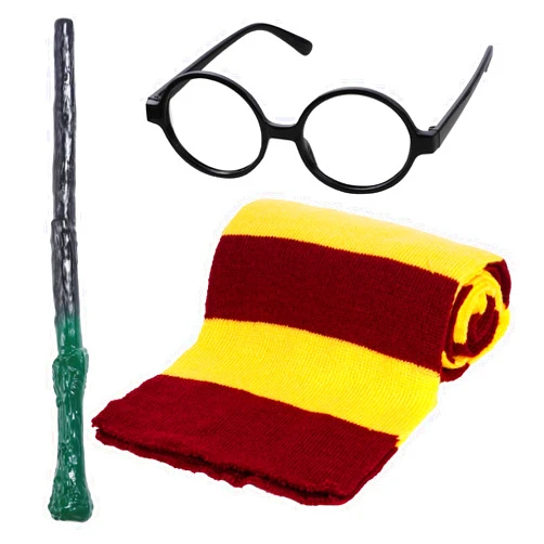 Obmwang Wizard Costume Set Novelty Wizard Glasses Striped Knit Scarf and Magic Wand Cosplay Costumes Accessories for Birthday Halloween Dress Up Party